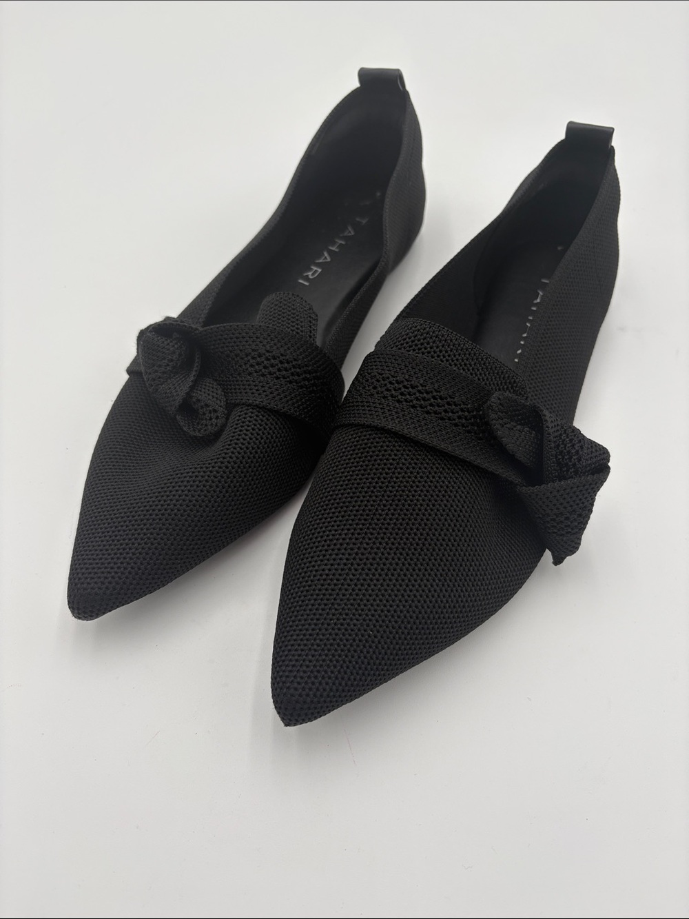 Tahari Venice Black Pointed Knit Bow Slip-On Flats